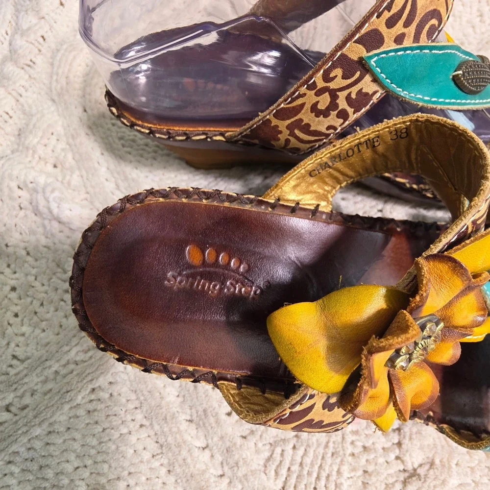 Spring Step Wedge Sandals Leather Red Yellow Teal 3D Flowers‎ Womens 38 7-7.5